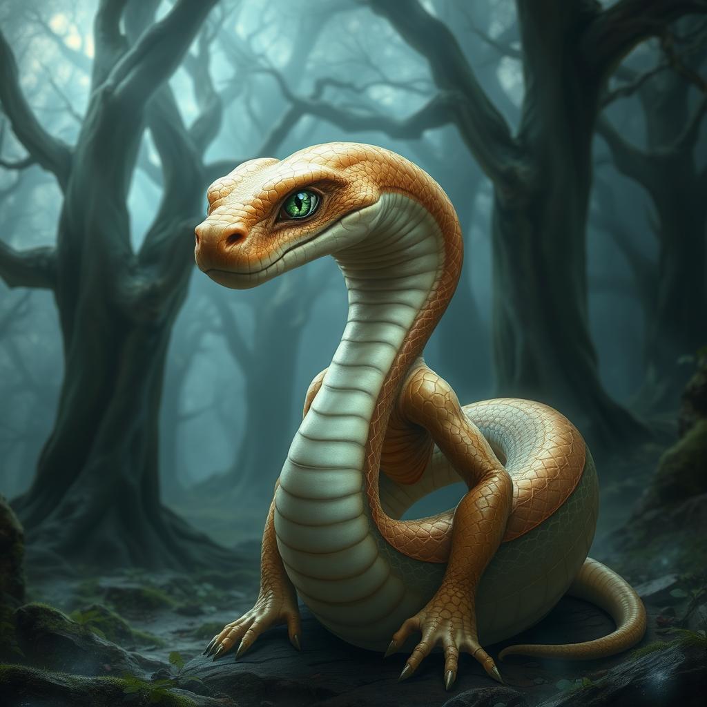 A snake with a human-like physique, featuring light brown skin and green eyes