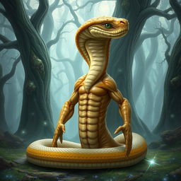 A snake with a human-like physique, featuring light brown skin and green eyes