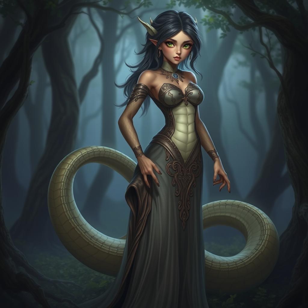 A snake with a human-like body, light brown skin, and green eyes, appearing feminine