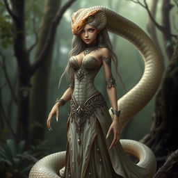 A snake with a human-like body, light brown skin, and green eyes, appearing feminine