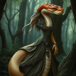 A snake with a human-like body, light brown skin, and green eyes, appearing feminine