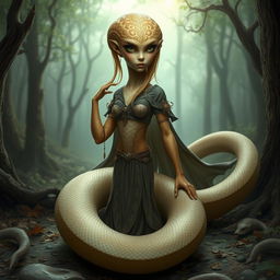 A snake with a human-like body, light brown skin, and green eyes, appearing feminine