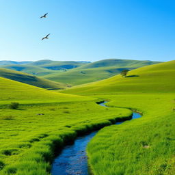 A serene landscape with rolling hills, a clear blue sky, and a gentle river flowing through a lush green meadow