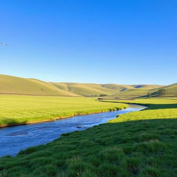 A serene landscape with rolling hills, a clear blue sky, and a gentle river flowing through a lush green meadow