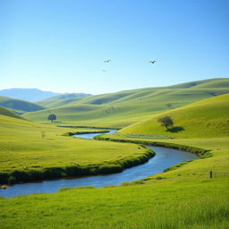 A serene landscape with rolling hills, a clear blue sky, and a gentle river flowing through a lush green meadow