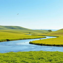 A serene landscape with rolling hills, a clear blue sky, and a gentle river flowing through a lush green meadow