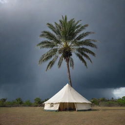 A dramatic scene featuring a tent with two sword-shaped storms converging behind it. Nestled between the 'blades' stands a solitary palm tree.