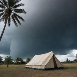 A dramatic scene featuring a tent with two sword-shaped storms converging behind it. Nestled between the 'blades' stands a solitary palm tree.