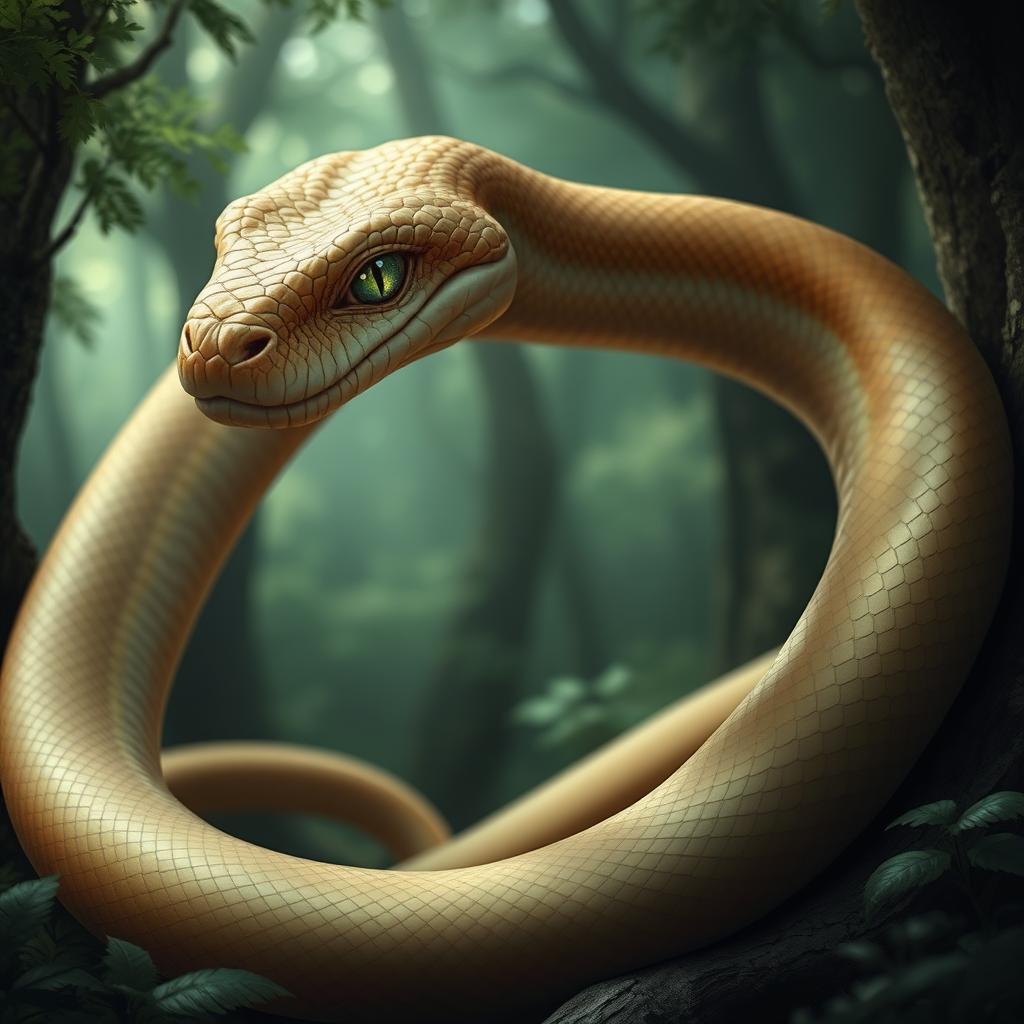 A snake with a human-like physique, light brown skin, green eyes, and a feminine appearance