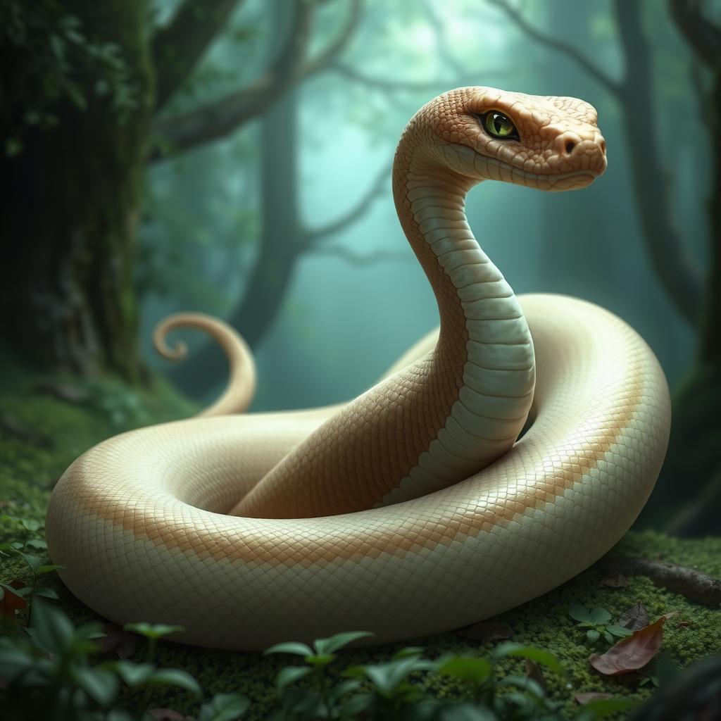 A snake with a human-like physique, light brown skin, green eyes, and a feminine appearance