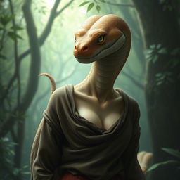 A snake with a human-like physique, light brown skin, green eyes, and a feminine appearance, wearing clothing