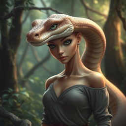 A snake with a human-like physique, light brown skin, green eyes, and a feminine appearance, wearing clothing