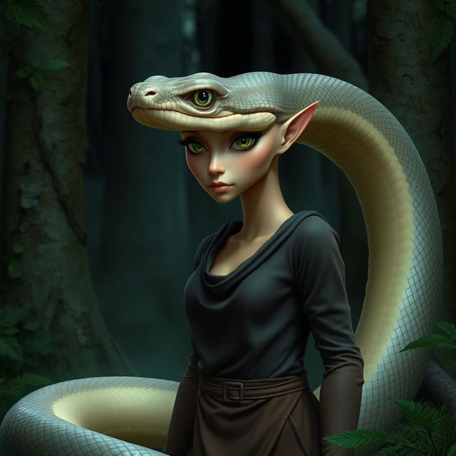 A snake with a human-like physique, light brown skin, green eyes, and a feminine appearance, wearing clothing