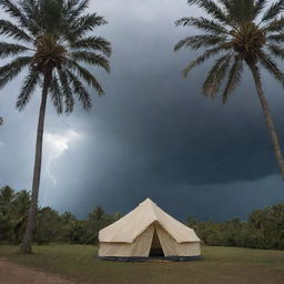 A dramatic scene featuring a tent with two sword-shaped storms converging behind it. Nestled between the 'blades' stands a solitary palm tree.