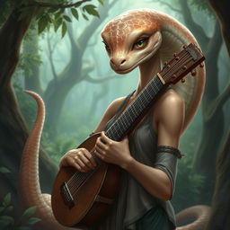 A snake with a human-like physique, light brown skin, green eyes, and a feminine appearance, wearing clothing and holding a lute