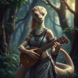 A snake with a human-like physique, light brown skin, green eyes, and a feminine appearance, wearing clothing and holding a lute