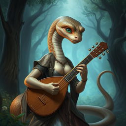 A snake with a human-like physique, light brown skin, green eyes, and a feminine appearance, wearing clothing and holding a lute