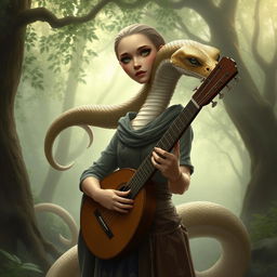 A snake with a human-like physique, light brown skin, green eyes, and a feminine appearance, wearing clothing and holding a lute