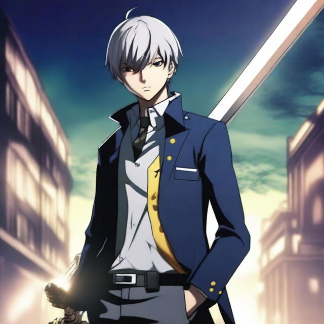 Yu Narukami from Persona 4, depicted in his iconic school uniform with a confident and composed expression