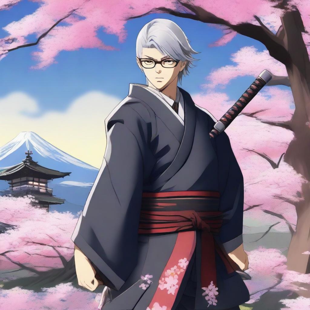 Yu Narukami from Persona 4 reimagined as a young samurai, wearing glasses