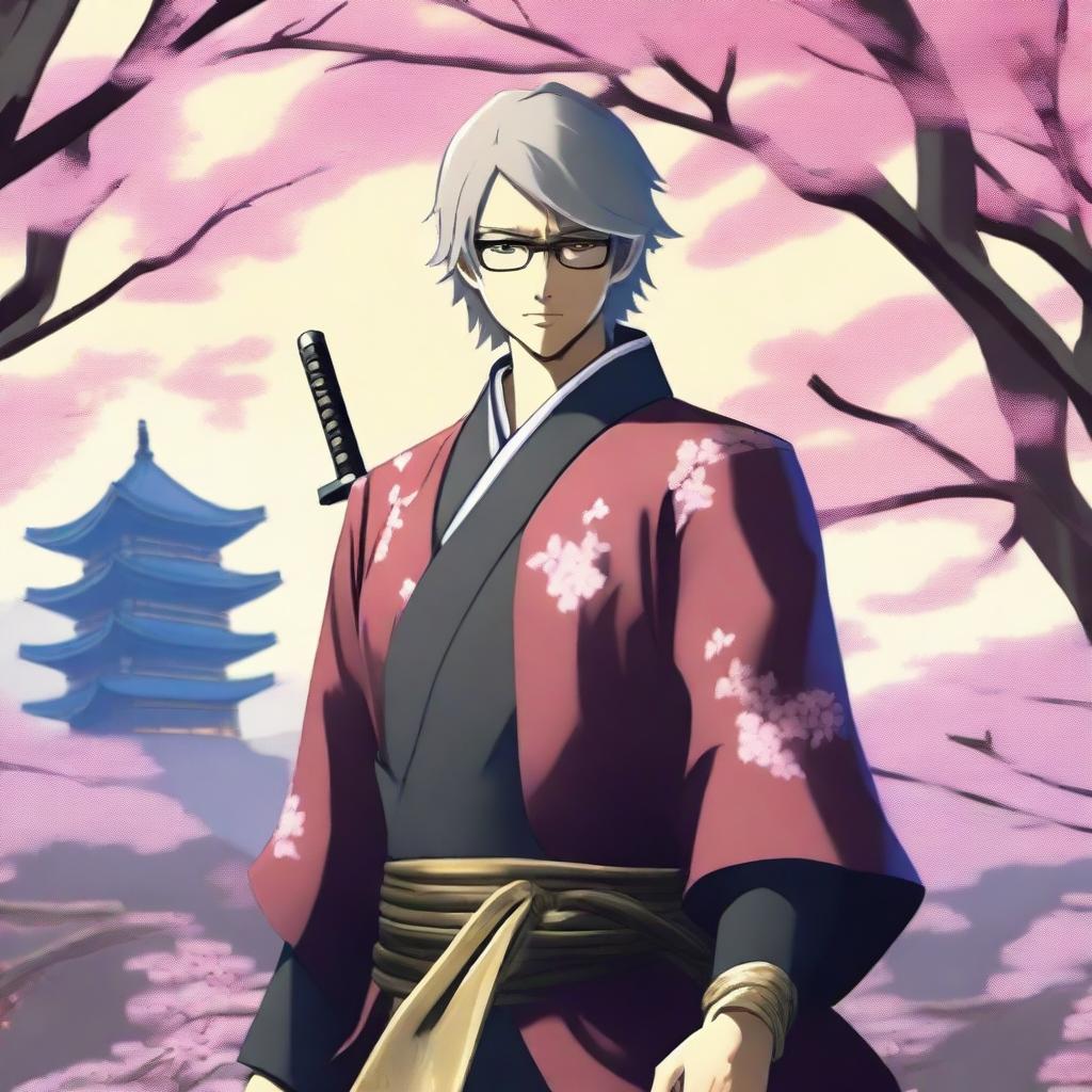 Yu Narukami from Persona 4 reimagined as a young samurai, wearing glasses