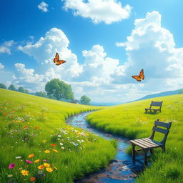 A serene landscape featuring a lush green meadow with colorful wildflowers, a clear blue sky with fluffy white clouds, and a gentle stream flowing through the scene