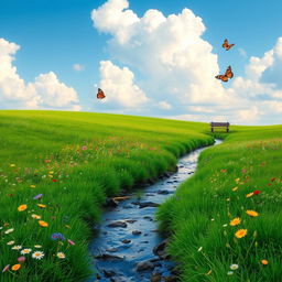 A serene landscape featuring a lush green meadow with colorful wildflowers, a clear blue sky with fluffy white clouds, and a gentle stream flowing through the scene