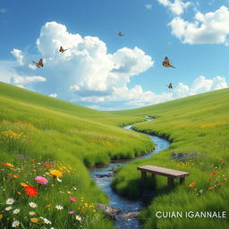 A serene landscape featuring a lush green meadow with colorful wildflowers, a clear blue sky with fluffy white clouds, and a gentle stream flowing through the scene