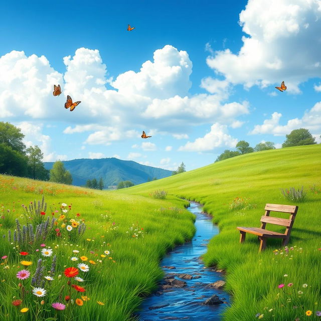 A serene landscape featuring a lush green meadow with colorful wildflowers, a clear blue sky with fluffy white clouds, and a gentle stream flowing through the scene