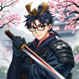 A detailed illustration of Yu Narukami as a samurai, wearing traditional samurai armor while still sporting his signature glasses