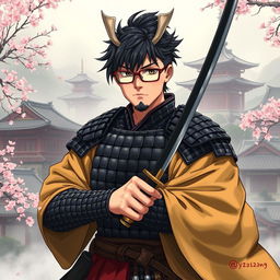 A detailed illustration of Yu Narukami as a samurai, wearing traditional samurai armor while still sporting his signature glasses