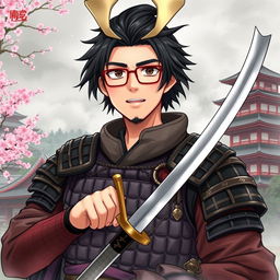 A detailed illustration of Yu Narukami as a samurai, wearing traditional samurai armor while still sporting his signature glasses