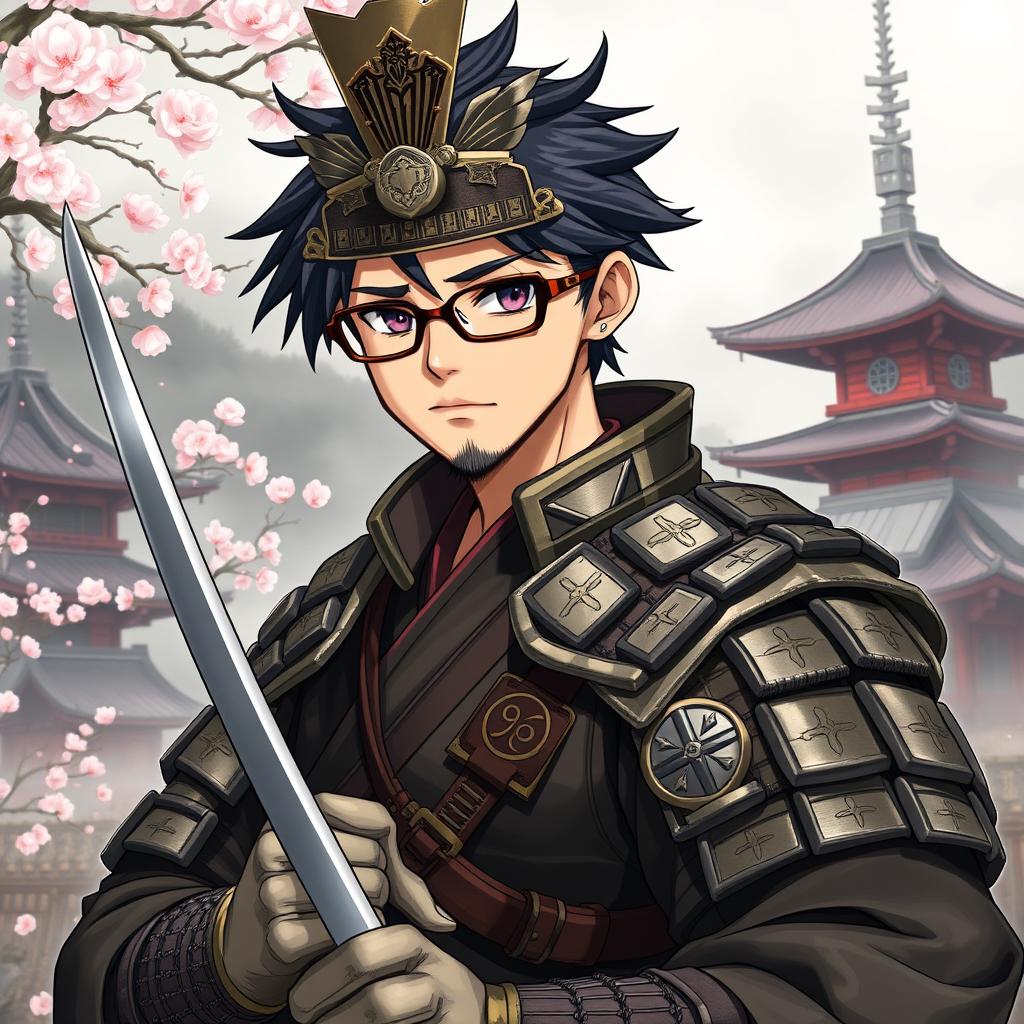 A detailed illustration of Yu Narukami as a samurai, wearing traditional samurai armor while still sporting his signature glasses