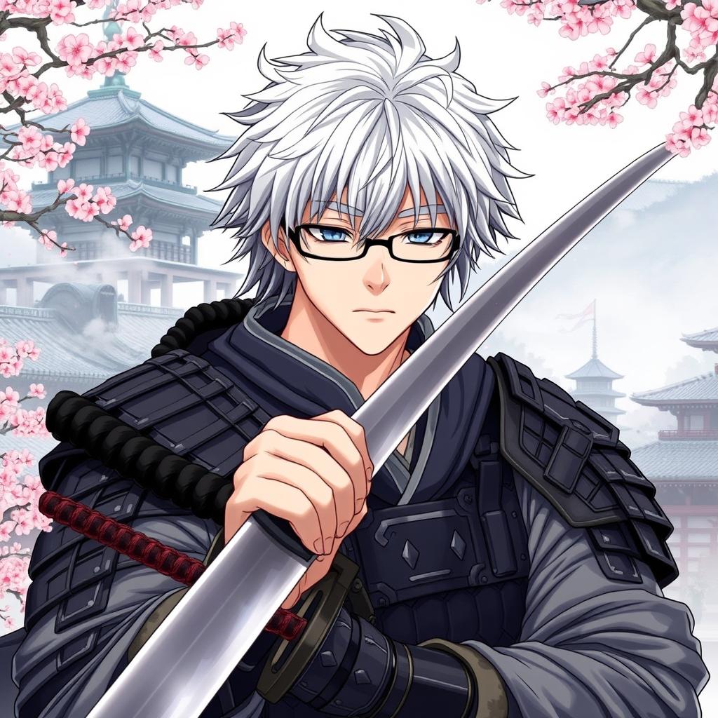 A detailed illustration of Yu Narukami as a samurai, wearing traditional samurai armor and glasses, with his signature white hair