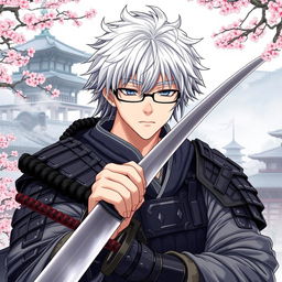 A detailed illustration of Yu Narukami as a samurai, wearing traditional samurai armor and glasses, with his signature white hair