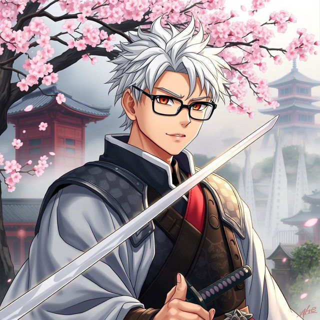 A detailed illustration of Yu Narukami as a samurai, wearing traditional samurai armor and glasses, with his signature white hair