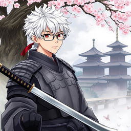 A detailed illustration of Yu Narukami as a samurai, wearing traditional samurai armor and glasses, with his signature white hair