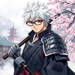 A detailed illustration of Yu Narukami as a samurai, wearing traditional samurai armor and glasses, with his signature white hair