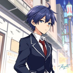 A detailed illustration of Makoto Yuki, the protagonist from Persona 3, standing confidently in his school uniform