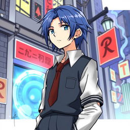 A detailed illustration of Makoto Yuki, the protagonist from Persona 3, standing confidently in his school uniform