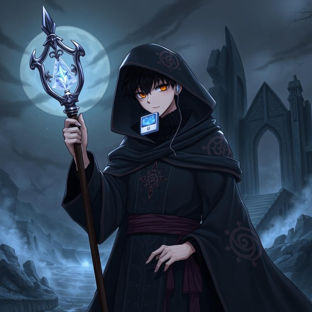 A detailed illustration of Makoto Yuki as a necromancer, dressed in dark, mystical robes with arcane symbols