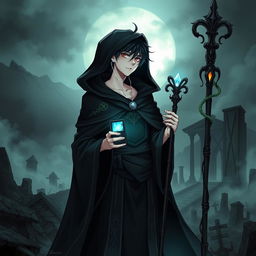 A detailed illustration of Makoto Yuki as a necromancer, dressed in dark, mystical robes with arcane symbols