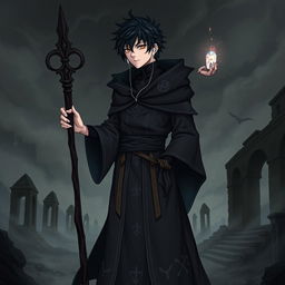 A detailed illustration of Makoto Yuki as a necromancer, dressed in dark, mystical robes with arcane symbols