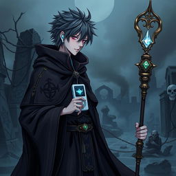 A detailed illustration of Makoto Yuki as a necromancer, dressed in dark, mystical robes with arcane symbols