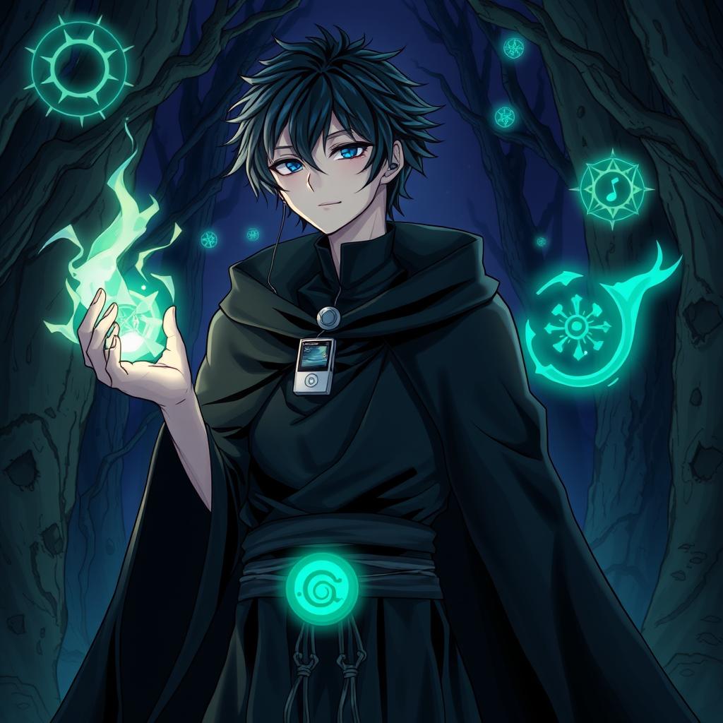 A detailed illustration of Makoto Yuki as a necromancer, wearing dark, mystical robes while listening to his iPod