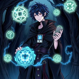 A detailed illustration of Makoto Yuki as a necromancer, wearing dark, mystical robes while listening to his iPod