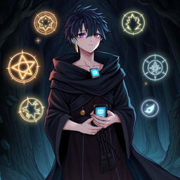 A detailed illustration of Makoto Yuki as a necromancer, wearing dark, mystical robes while listening to his iPod