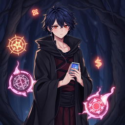 A detailed illustration of Makoto Yuki as a necromancer, wearing dark, mystical robes while listening to his iPod