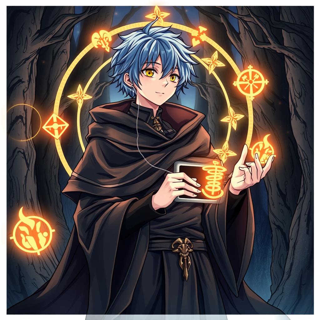 A detailed illustration of Makoto Yuki as a necromancer, wearing dark, mystical robes while listening to his iPod