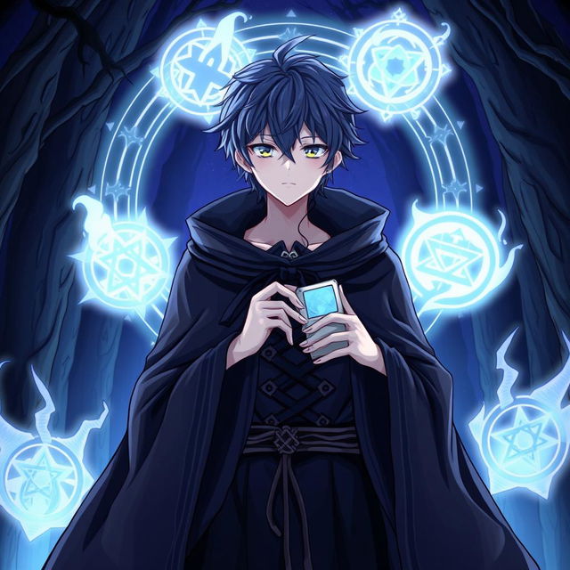 A detailed illustration of Makoto Yuki as a necromancer, wearing dark, mystical robes while listening to his iPod